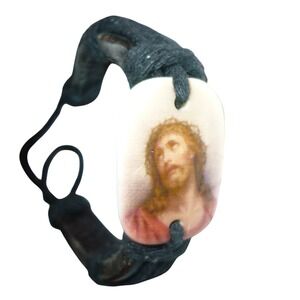 Jesus Christ Religious Icon Bracelet Black Leather Cord Adjustable‎ Unisex
